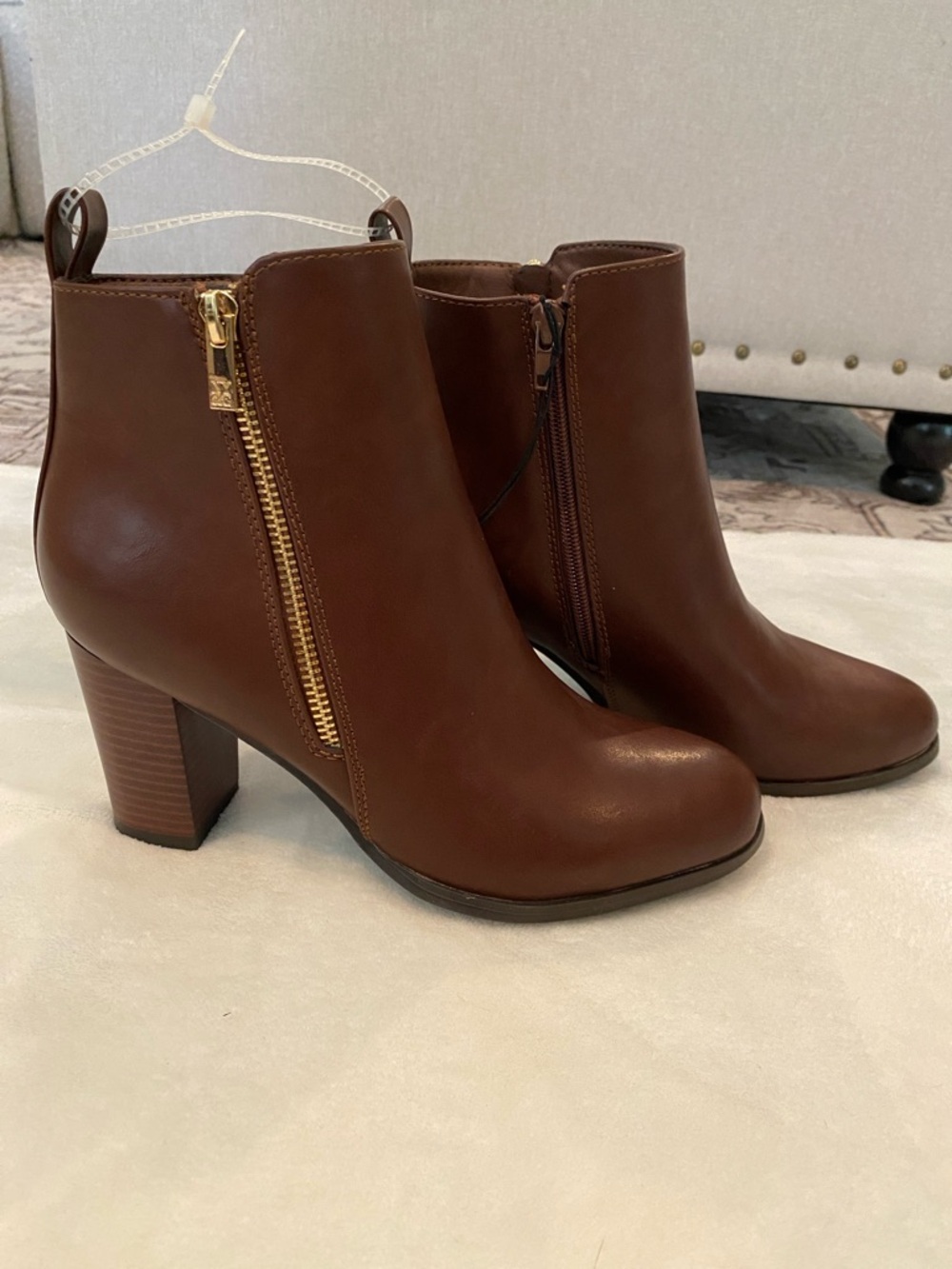 New York & Company Brown Leather Ankle Booties with Gold Zipper
